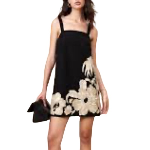 Banana Republic Shift Sun Dress Embroidered Bold Floral Black Tan Size S - Picture 2 of 12